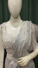 Load and play video in Gallery viewer, Grey Chiffon Drape Saree With Pearl and Japanese Cut Dana Work
