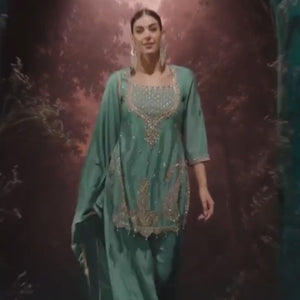 Dusty Sky Blue Chinon Suit Embellished With Cutdana & Sequins Work
