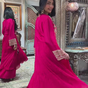 Pink Silk Indowestern Embroidered Jacket with Georgette Top and Bottom
