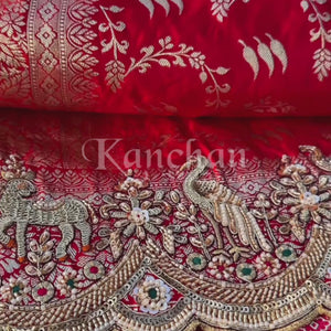 Red Rani Banarasi Satin Unstitched Saree Embellished With Zari, Moti, Sequins & Cutdana Work