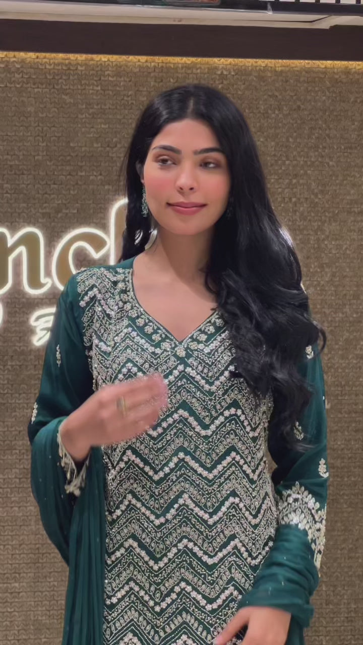 Peacock Green Crepe Indowestern Top,Bottom and Dupatta with Sequins and Cutdana Work