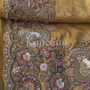 Beige Tissue Unstitched Saree Embellished With Sequins, Thread, Zari, Moti & Cutdana Work