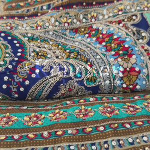 Navy Blue Chinon Ready Made Saree Embellished With Zari, Stone, Mirror & Chandla Work