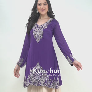 Purple Chinon Dhoti Suit Set with Cutdana, Sequins, Pearl and Dabka Embroidery
