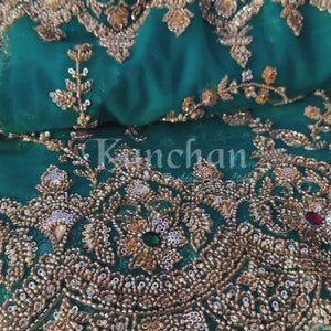 Turquoise Net Saree Embellished With Cut Dana, Sequins & Moti Work