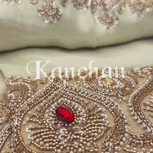 Golden Ivory Tissue Saree Embellished With Sequins, Moti & Cut Dana Work