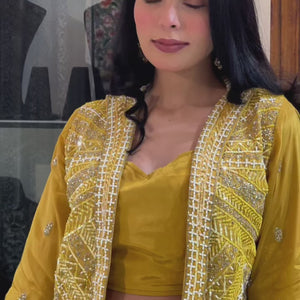 Yellow Crepe Indowestern 3 Piece with Cutdana and Pearl Work