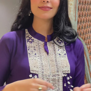 Purple Chinon Indowestern Top and Bottom with Sequins,Cutdana and Pearl Work