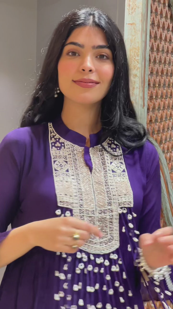 Purple Chinon Indowestern Top and Bottom with Sequins,Cutdana and Pearl Work