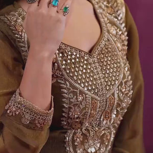 Coffee Tissue Suit, Farshi Salwar And Dupatta with Cutdana, Sequins and Zari Work