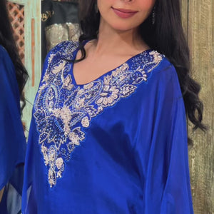 Blue Chinon Indowestern Kaaftan and Bottom with Cutdana,Sequins and Thread Work