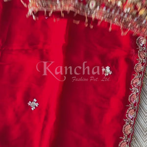 Red Organza Saree with Net Blouse Embellished With Moti, Kundan, Gutta, Dabka, Sequins & Cut Dana Work