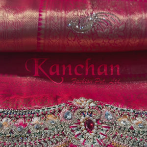 Rani Banarasi Silk Unstitched Saree with Dupatta Embellished with Thread & Stone Work