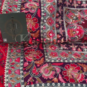 Maroon Digital Printed Silk Ready Made Saree Embellished With Sequins & Zari Work