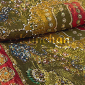 Moss Green Tissue Saree with Zari, Mirror & Stone Work
