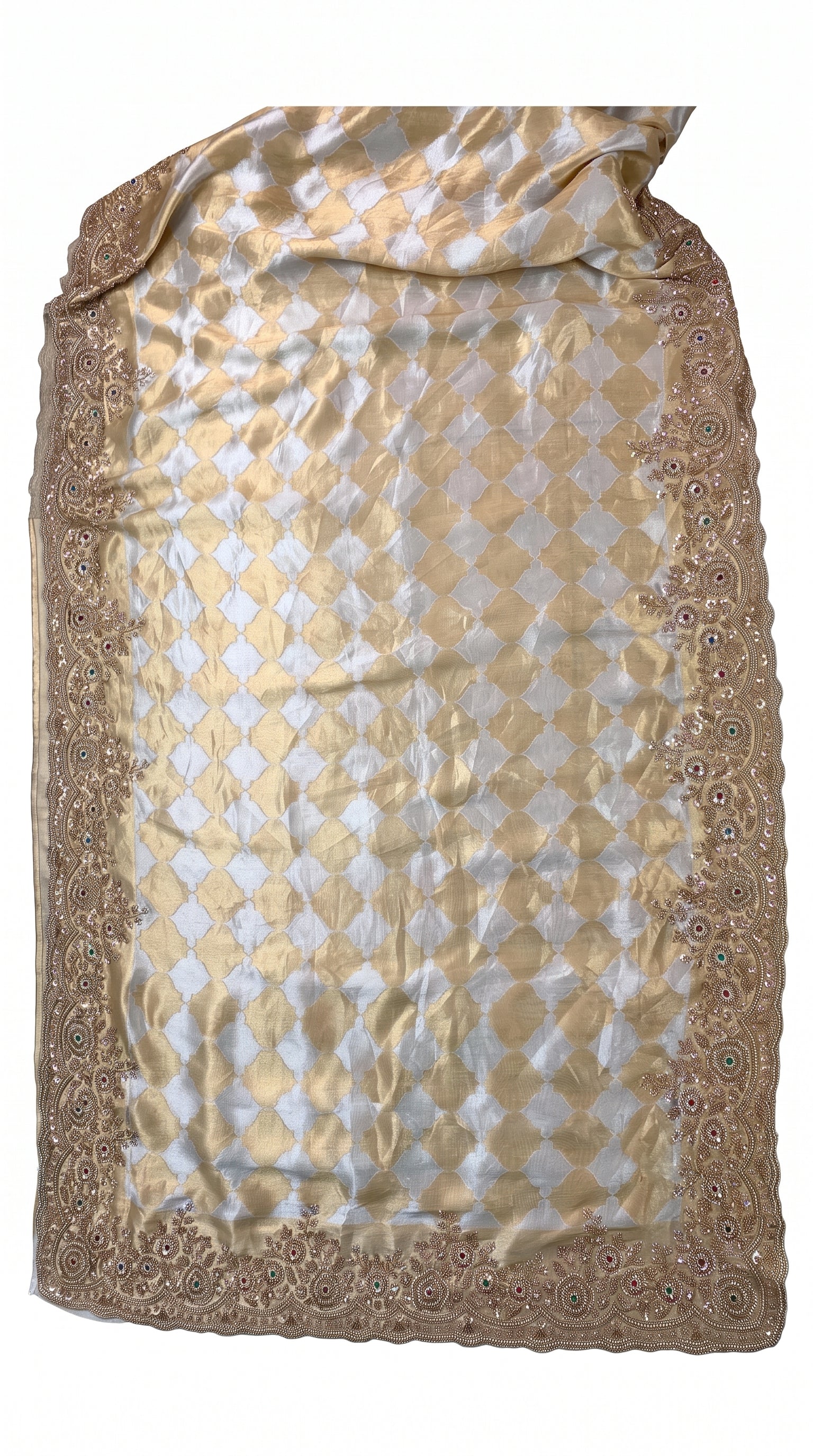 Ivory Golden Tissue Saree Embellished With Sequins & Moti Work