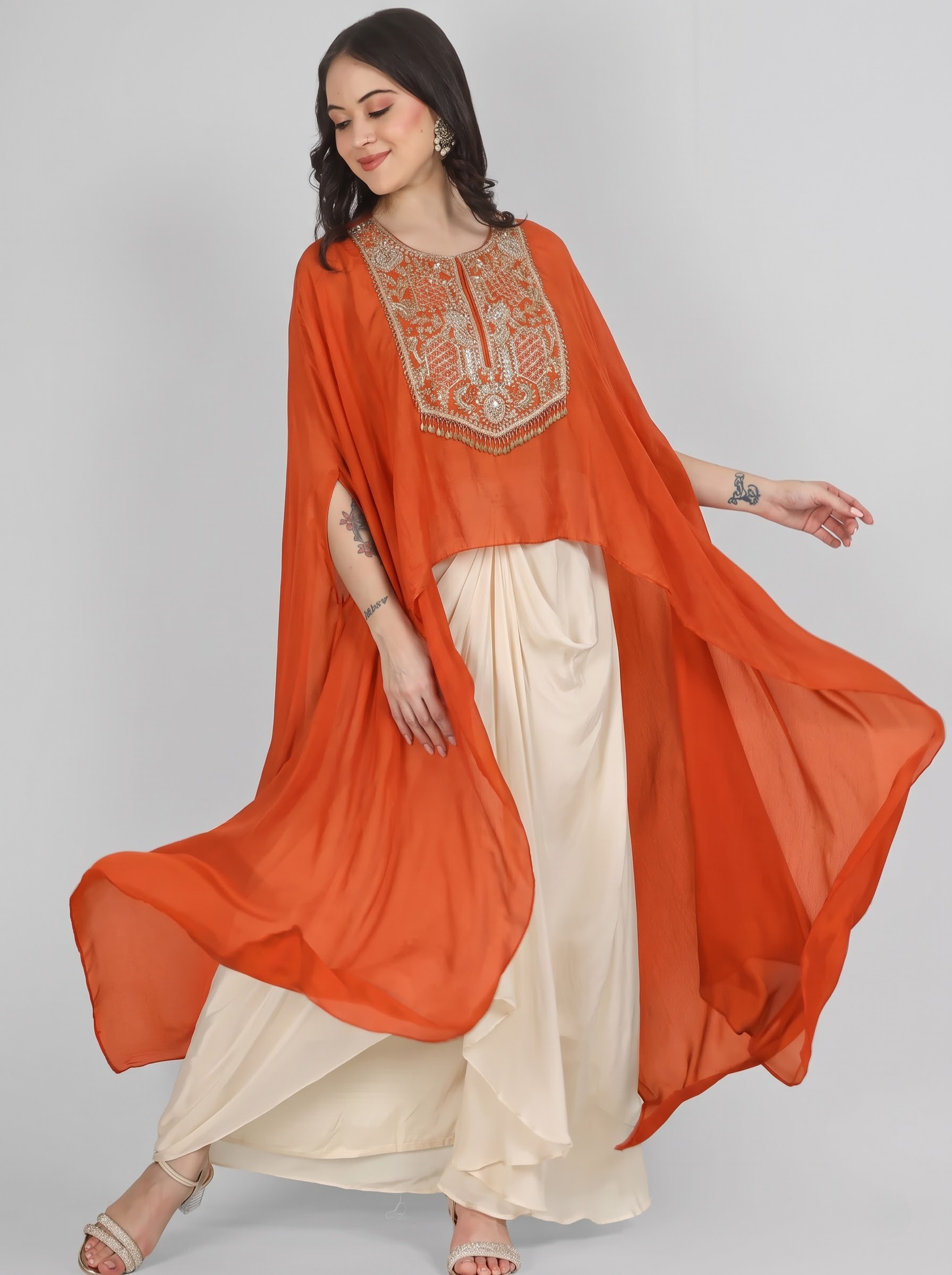 Rust Chinon Indo Western with Cutdana and Sequins Embroidery
