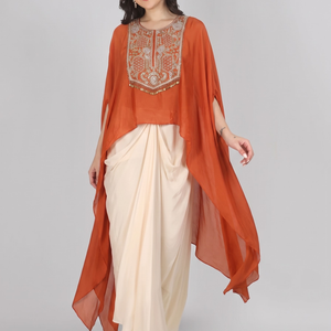 Rust Chinon Indo Western with Cutdana and Sequins Embroidery