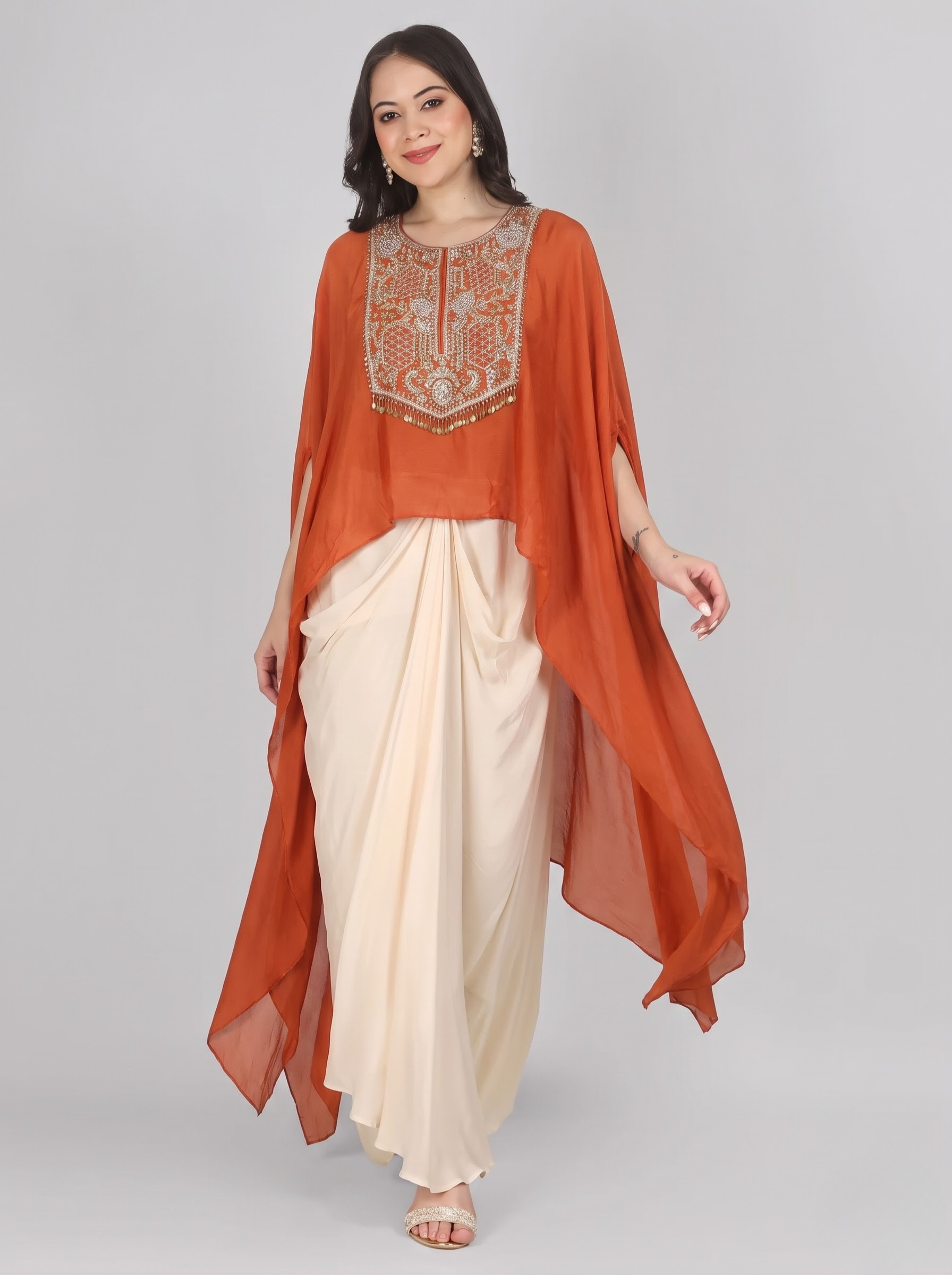 Rust Chinon Indo Western with Cutdana and Sequins Embroidery