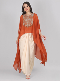 Rust Chinon Indo Western with Cutdana and Sequins Embroidery