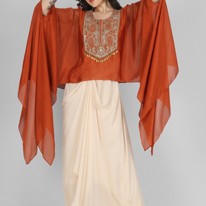 Rust Chinon Indo Western with Cutdana and Sequins Embroidery