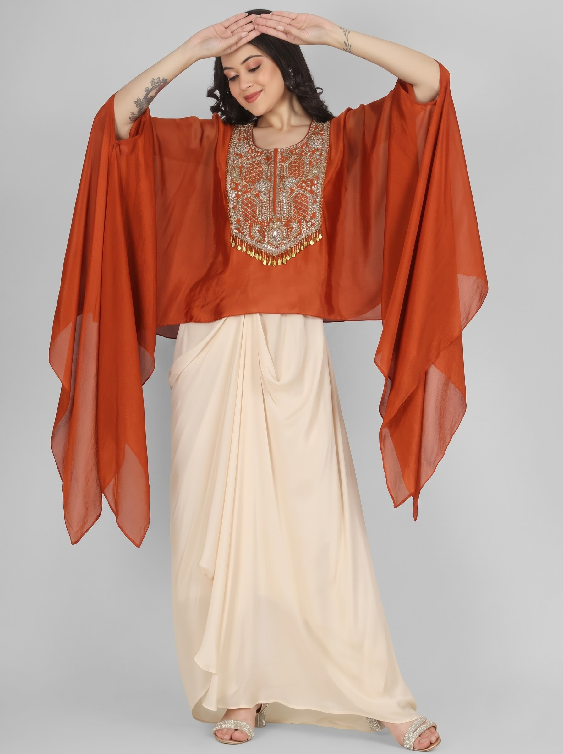 Rust Chinon Indo Western with Cutdana and Sequins Embroidery