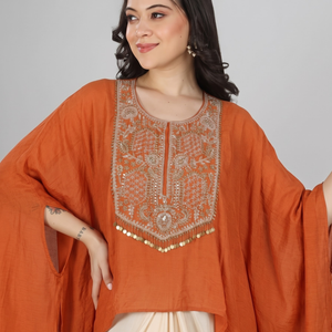 Rust Chinon Indo Western with Cutdana and Sequins Embroidery