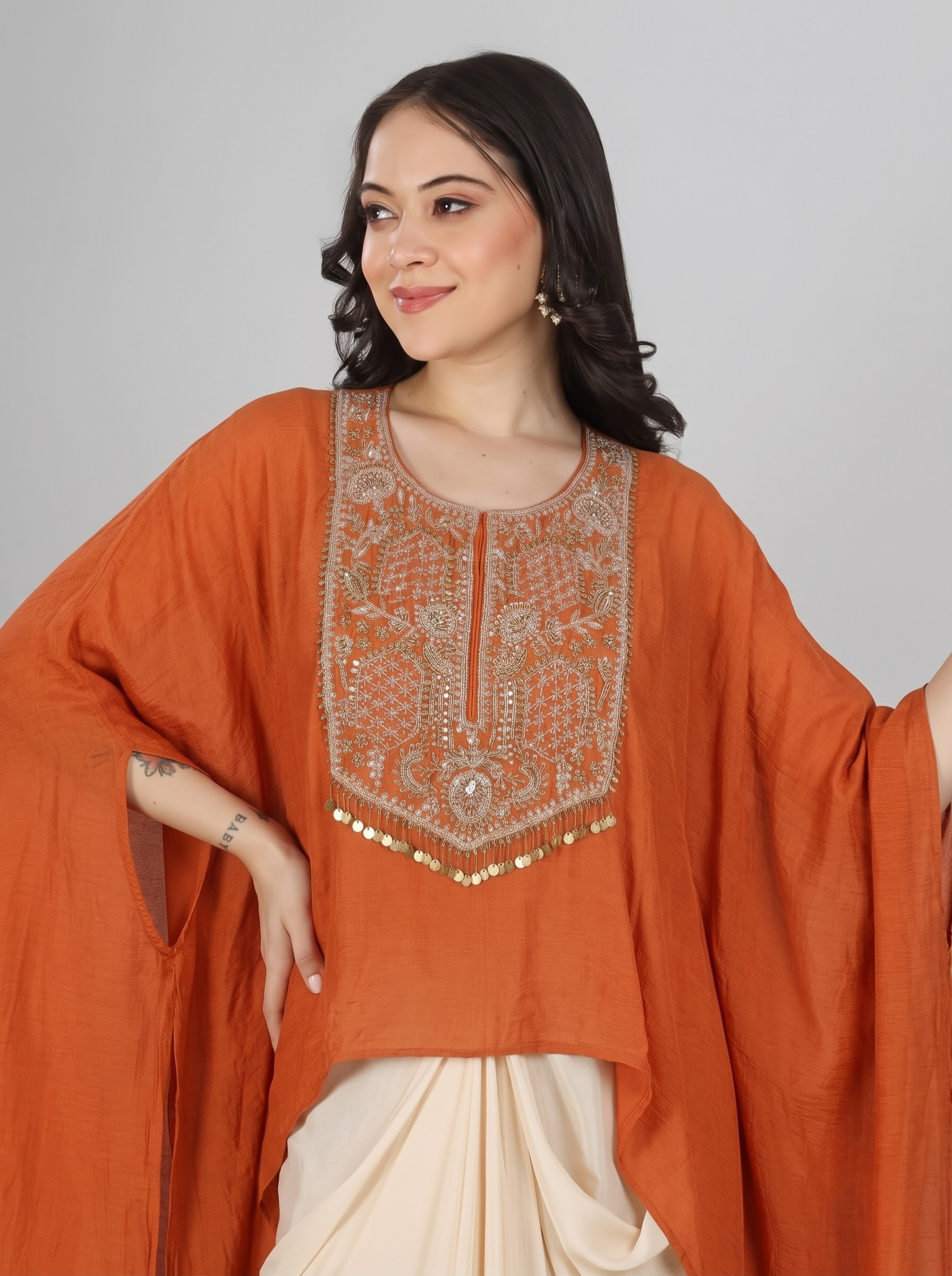 Rust Chinon Indo Western with Cutdana and Sequins Embroidery