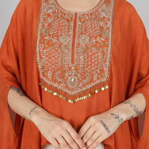 Rust Chinon Indo Western with Cutdana and Sequins Embroidery