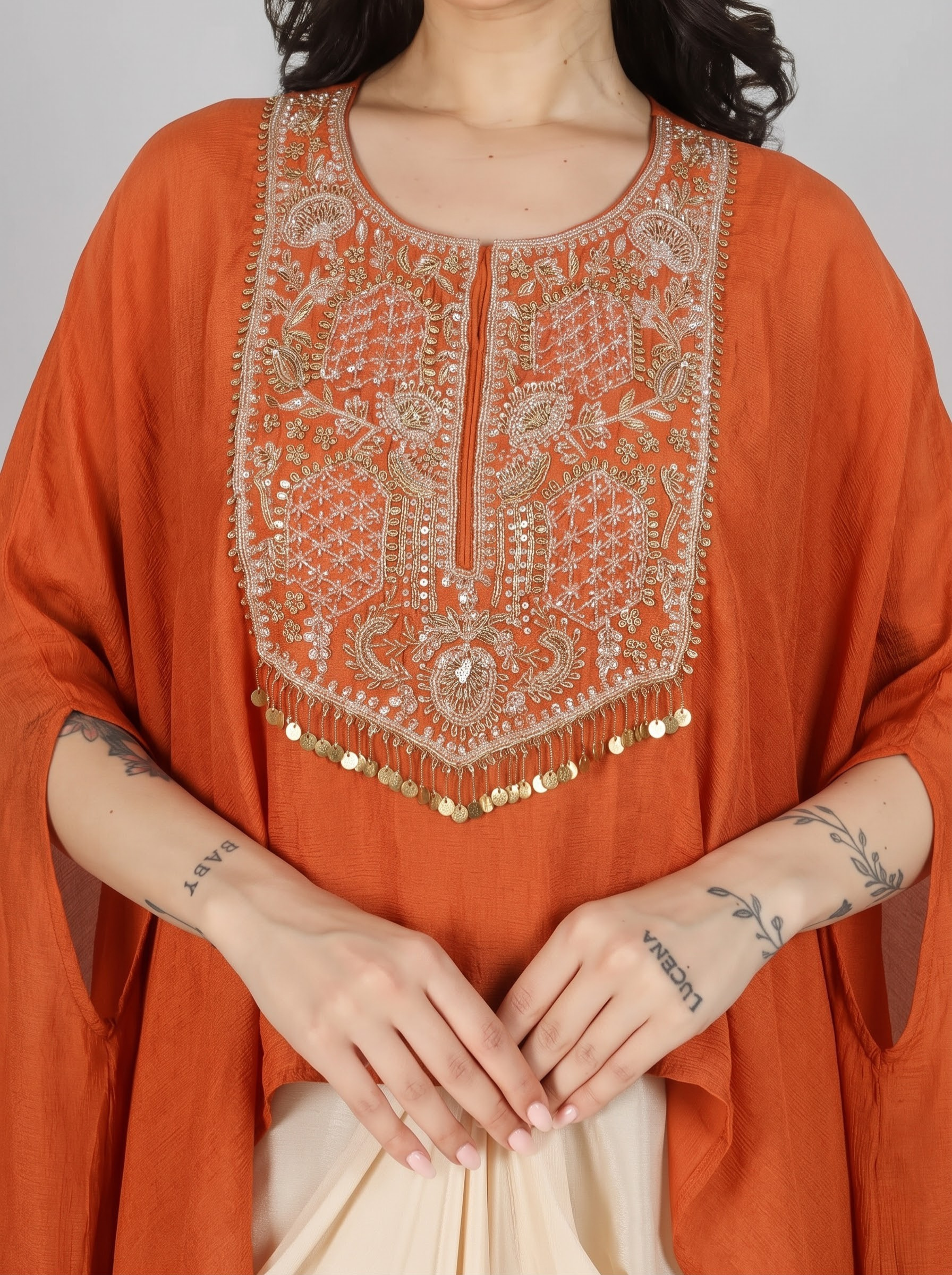 Rust Chinon Indo Western with Cutdana and Sequins Embroidery