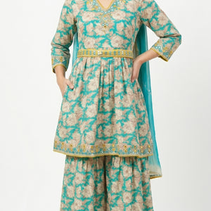 Green Cotton Peplum , Thread Work With Mirror Work & Zari Sequins