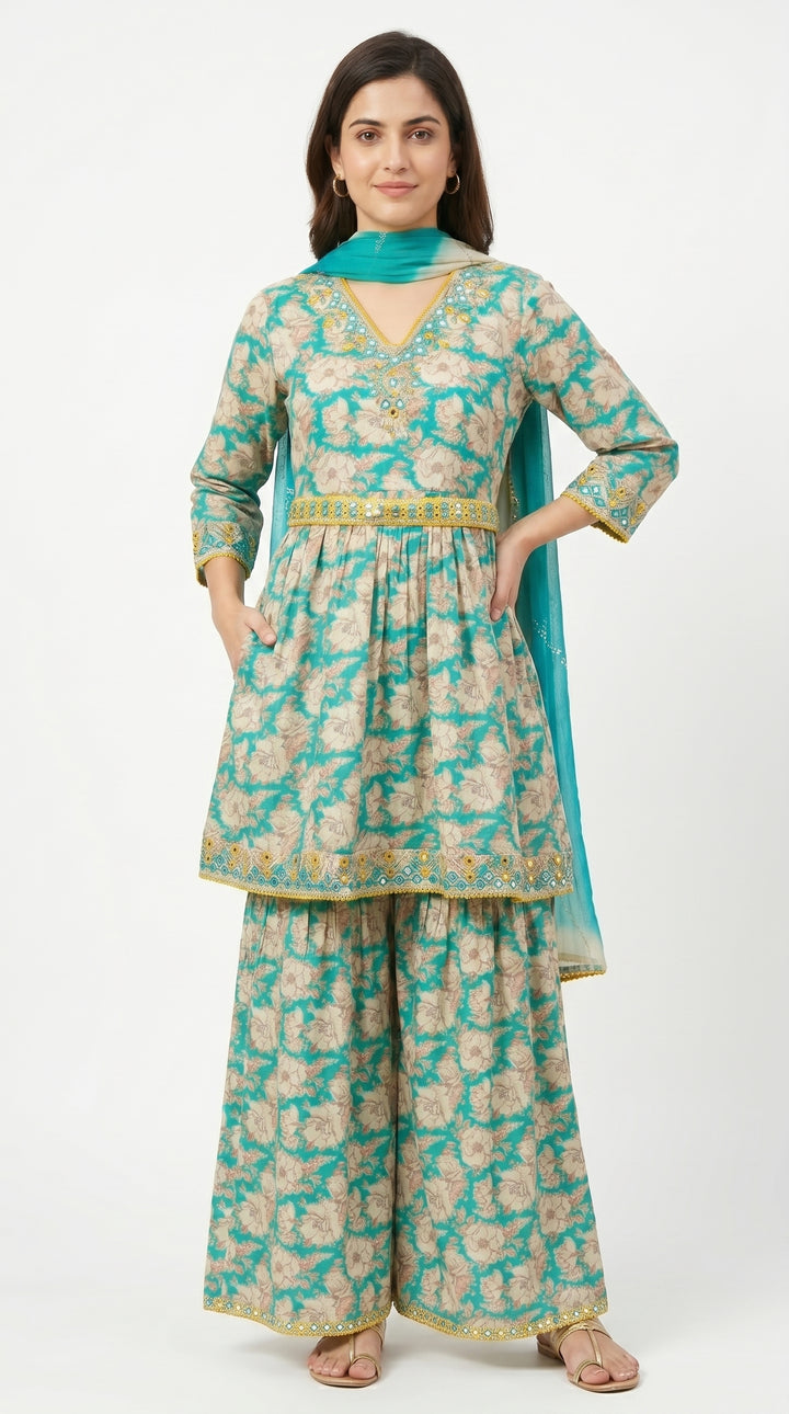 Green Cotton Peplum , Thread Work With Mirror Work & Zari Sequins