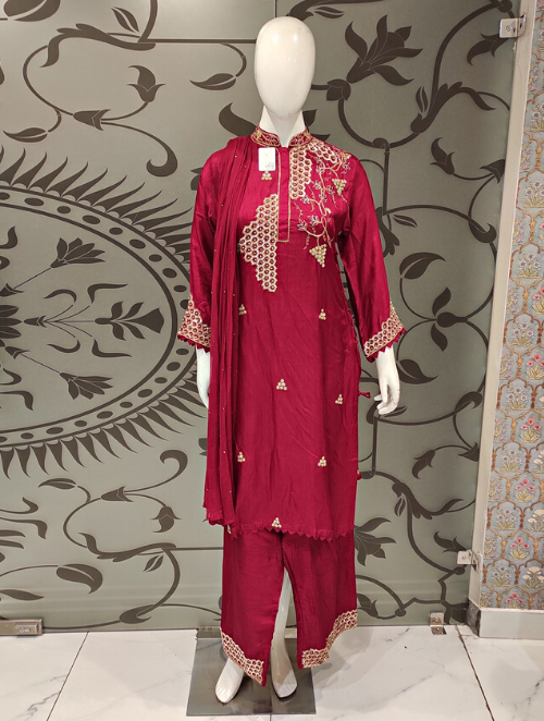 Red Raw Silk Plazzo Suit With Dupatta | Latest | - Kanchan Fashion Pvt Ltd