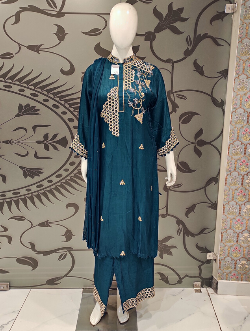 Peacock Blue Raw Silk Plazzo Suit With Dupatta | Latest | - Kanchan Fashion Pvt Ltd