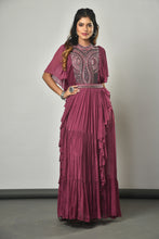 Load image into Gallery viewer, Chinon One Piece with Cutdana Work,Ruffle Sleeves,Cape and Belt
