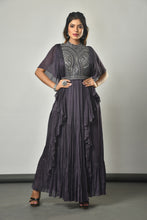 Load image into Gallery viewer, Chinon One Piece with Cutdana Work,Ruffle Sleeves,Cape and Belt
