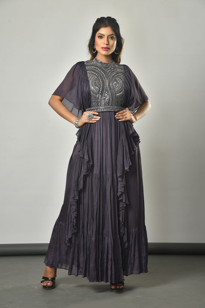 Chinon One Piece with Cutdana Work,Ruffle Sleeves,Cape and Belt