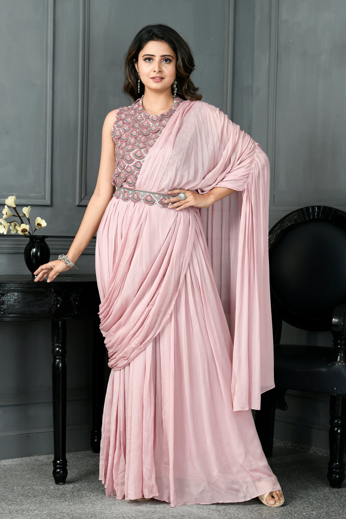 Chinon One Piece Drape Saree with Beads Work,Cutdana Work and Sippi Work