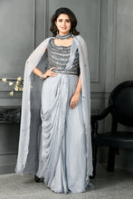 Load image into Gallery viewer, Chinon Drape Saree with Mirror Work,Patra Work and Cape
