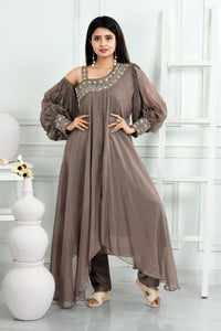 Silk Indo-Western Suit with Designer One Side Shoulder Cut and Patra Work