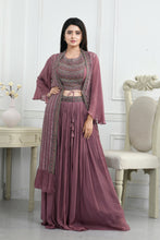Load image into Gallery viewer, Indo-Western Chinon Blouse and Skirt with Beads Work,Cutdana Work,Sippi Work and Jacket
