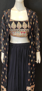 Georgette Crop Top Multi coloured Thread Embroidery with Jacket and Skirt