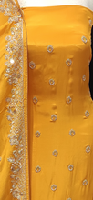 Load image into Gallery viewer, Yellow Crepe Unstitched Suit with Hand Work and Dupatta
