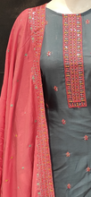Load image into Gallery viewer, Grey Muslin Unstitched Suit with Hand Work and Dupatta
