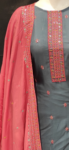 Grey Muslin Unstitched Suit with Hand Work and Dupatta