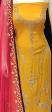 Load image into Gallery viewer, Georgette Unstitched Suit with Hand Work,Cutdana Work,Zari Work and Sharara
