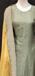Pista Green Silk Semi Stitched Suit with Yellow Dupatta