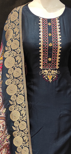 Navy Blue Chanderi Semi Stitched Suit with Banarasi Silk Dupatta