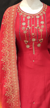 Load image into Gallery viewer, Red and Yellow Chanderi Semi Stitched Suit with Dupatta
