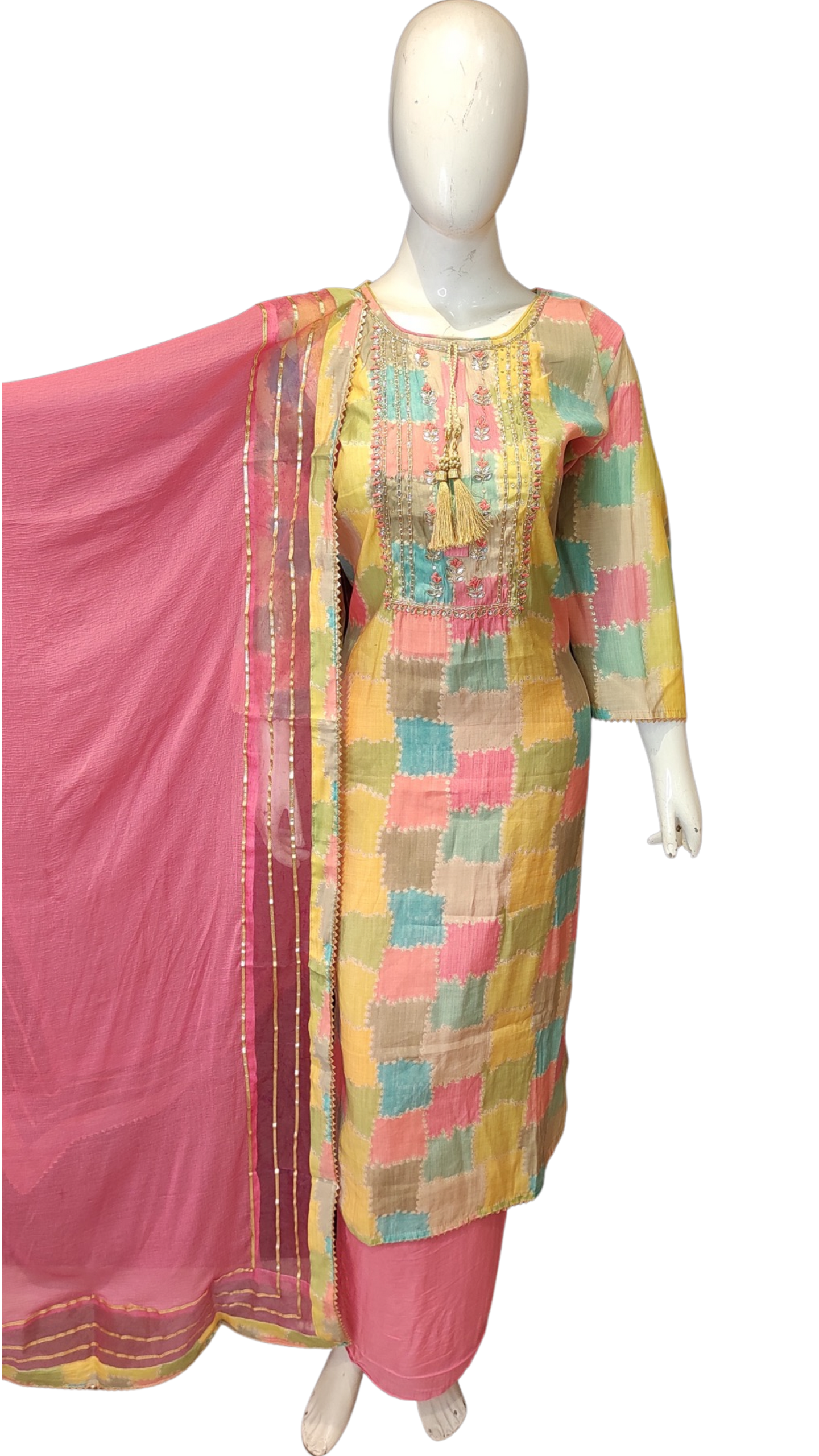 Muslin Printed Semi-Stitched Suit with Stone,Cutdana and Nalki Work